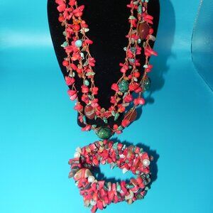 VTG Red Coral Amber 3 Strand Necklace & Bracelet Native American Indian Design